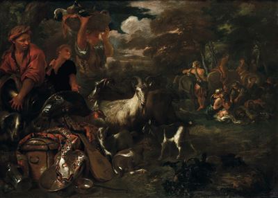 Carovana con gregge e pastori, olio su tela