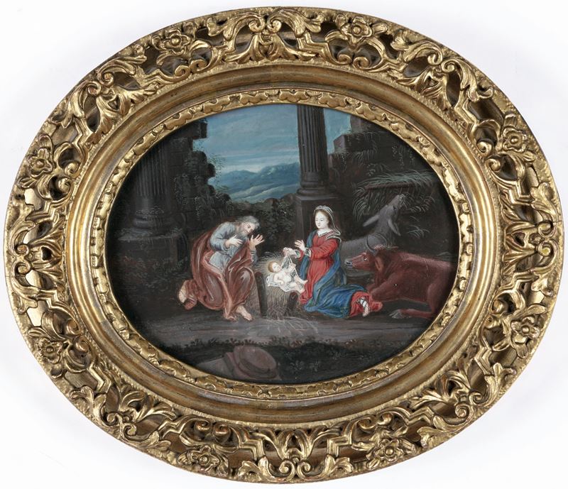 Scuola del XVIII secolo L'Adorazione del Bambino  - tempera su carta applicata su tavola - Asta Dipinti Antichi - Cambi Casa d'Aste