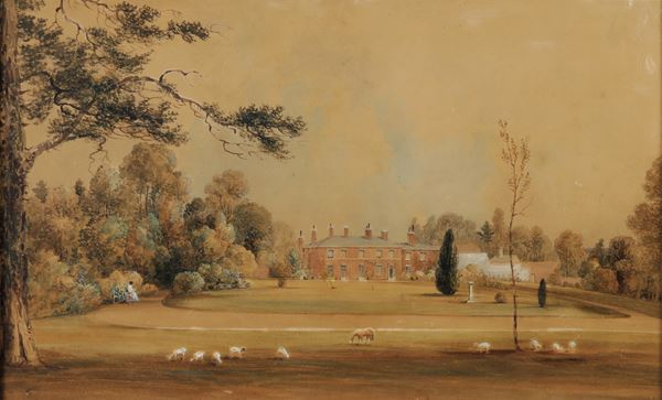 Scuola inglese del XIX secolo Veduta di villa con parco
