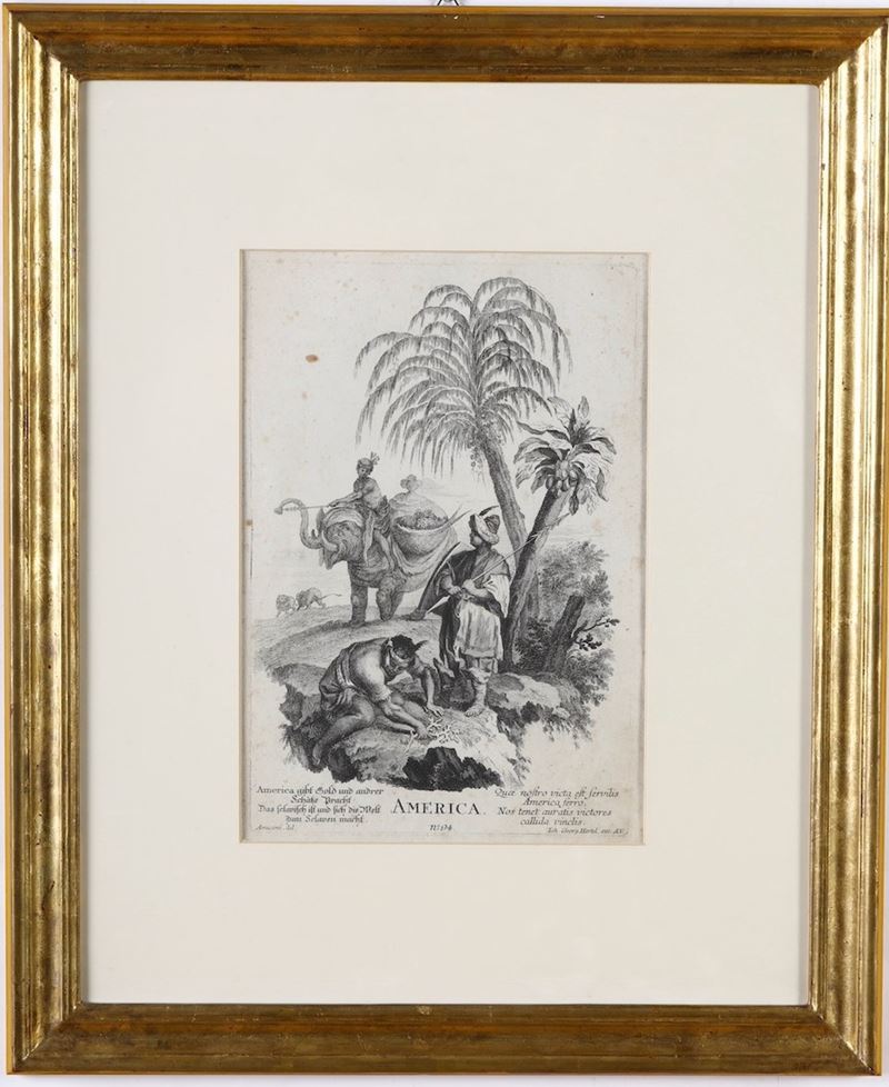 Incisione di Johann Georg Hertel (1719-1768) Allegorie dei quattro continenti da un'invenzione di Jacopo Amigoni  - Auction Antique - Cambi Casa d'Aste