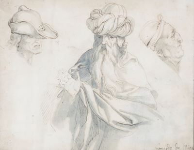 Scuola fiamminga del XVII secolo, Studio di teste di carattere, penna, inchiostro bruno e acquere...