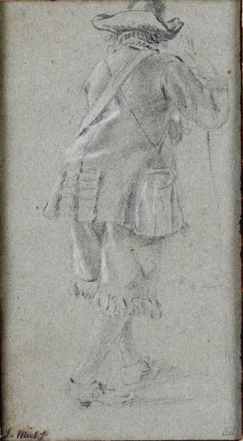 Jan Miel : Figura virile di spalle  - matita nera e bianca su carta preparata azzurra - Asta Disegni Antichi - I - Cambi Casa d'Aste