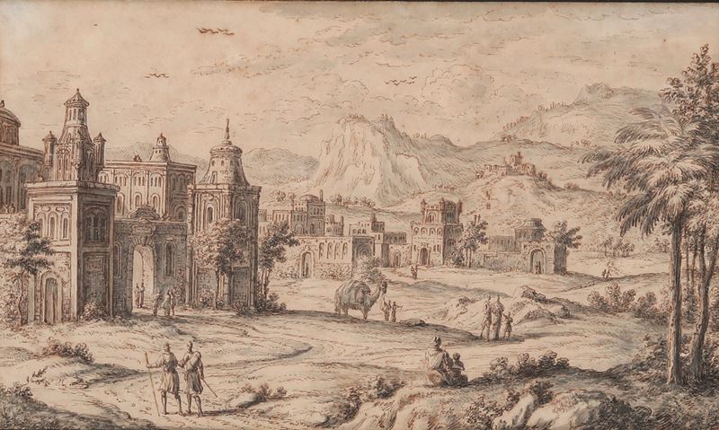 Philipp Andreas Kilian : Veduta di una città orientale  - penna, inchiostro bruno e acquerello grigio su carta - Asta Dipinti Antichi - Cambi Casa d'Aste