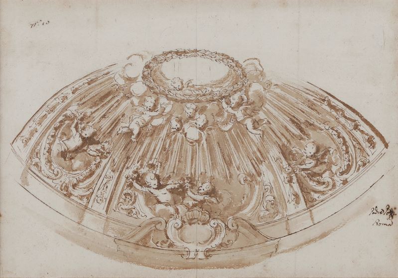 Andrea Pozzi : Studio per decorazione di cupola  - penna, inchiostro bruno e acquerello su carta - Asta Dipinti Antichi - Cambi Casa d'Aste