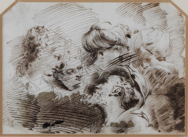Mauro Gandolfi : Studio di teste  - penna, inchiostro bruno, acquerello e tracce di matita nera su carta - Auction Antique Drawings - I - Cambi Casa d'Aste
