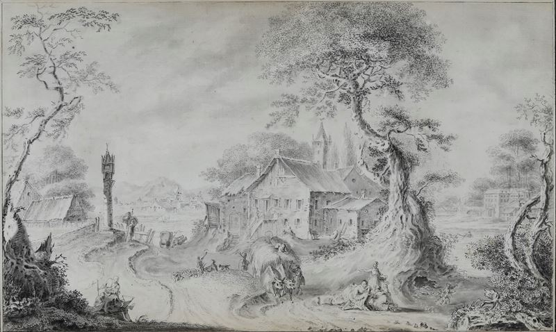 Ferdinand Landerer : Veduta di villaggio con pastori e contadini  - penna e acquerello grigio su carta - Asta Dipinti Antichi - Cambi Casa d'Aste