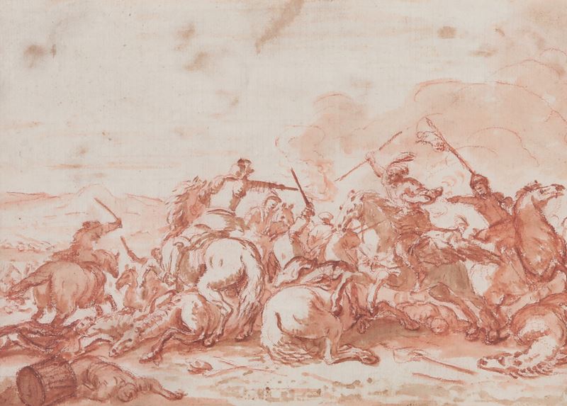 Francesco Graziani detto Ciccio Napoletano : Scena di battaglia  - matita rossa e acquerello su carta - Auction Old Masters - Cambi Casa d'Aste