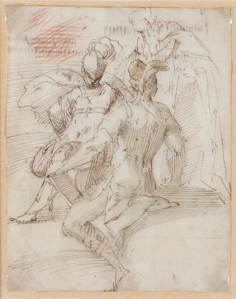 Jacopo Zanguidi detto il Bertoja : Studio di due soldati e di una figura virile  - matita nera, matita rossa, penna, inchiostro bruno e acquerello su carta - Asta Disegni Antichi - I - Cambi Casa d'Aste