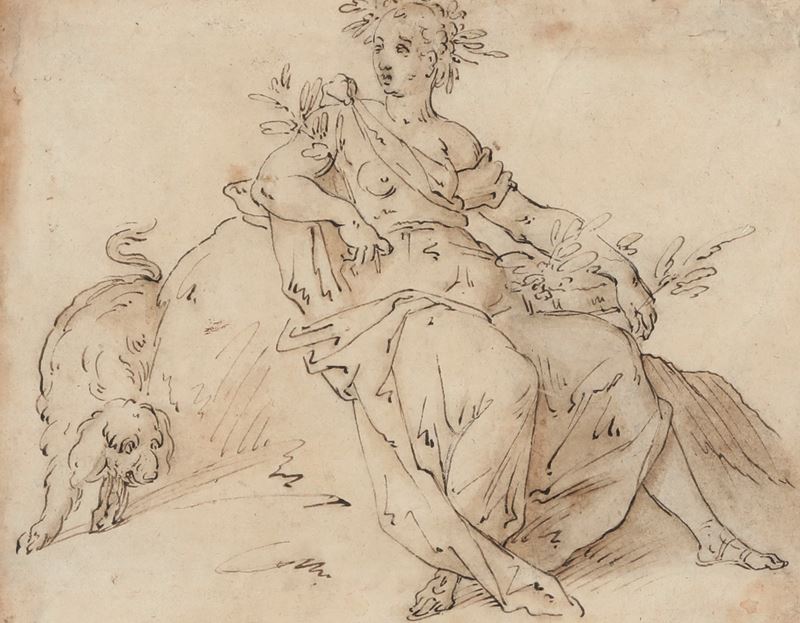 Hendrick de Clerck : Figura allegorica  - penna, inchiostro bruno e acquerello su carta - Auction Old Masters - Cambi Casa d'Aste