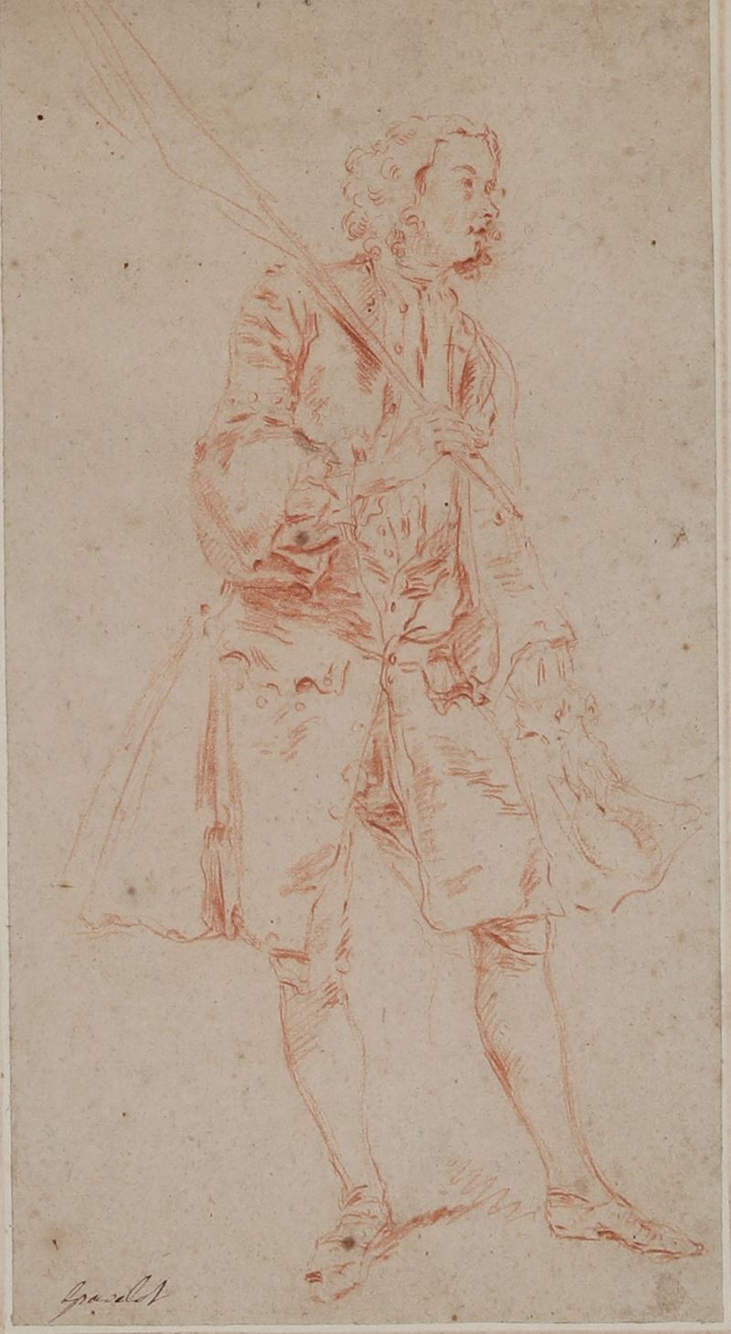 Hubert-Fran&#231;ois Bourguignon d'Anville detto Gravelot : Ritratto di uomo con stendardo  - matita rossa su carta - Auction Antique Drawings - I - Cambi Casa d'Aste