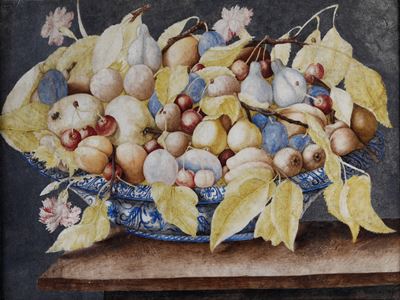 Natura morta con canestra di frutta, tempera su pergamena