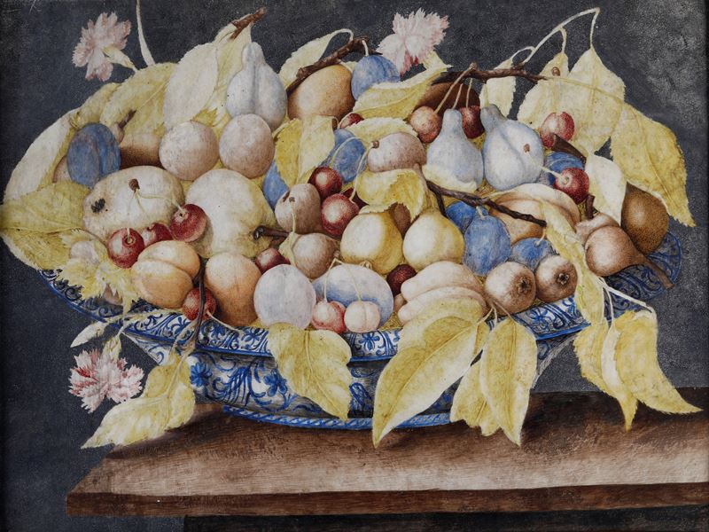 Octavianus Monfort (attivo in Piemonte nel XVII secolo) : Natura morta con canestra di frutta  - tempera su pergamena - Asta Disegni Antichi - I - Cambi Casa d'Aste
