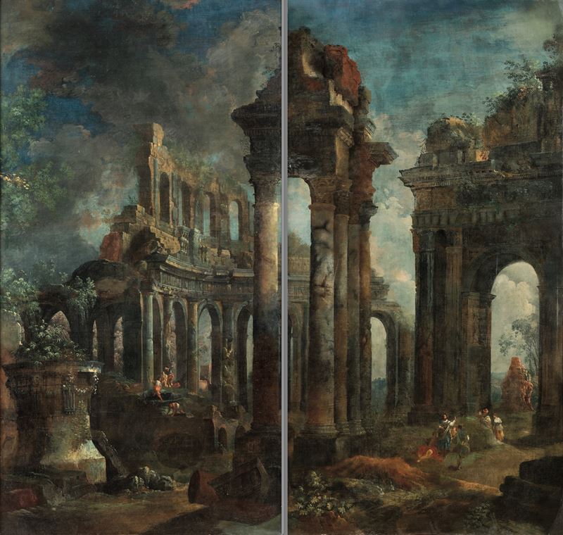 Scuola romana del XVIII secolo Capricci con rovine classiche e figure  - olio su tela - Asta Dipinti Antichi - Cambi Casa d'Aste