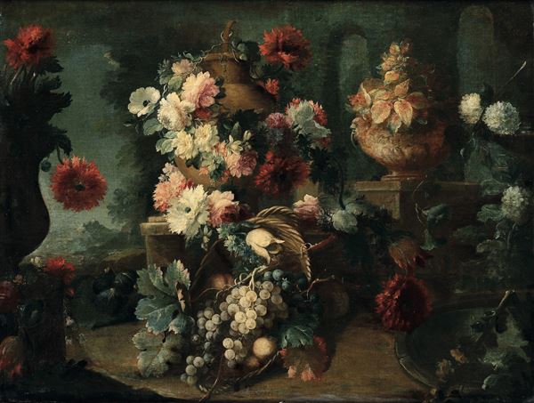 Michele Antonio Rapous - Nature morte con frutti e vasi ricolmi di fiori