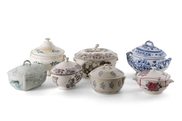 Lotto di sette zuppiere in ceramica. Varie manifatture del XIX e XX secolo