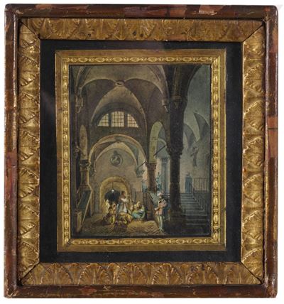 Piccolo Acquerello con Scena D'interno, in Cornice