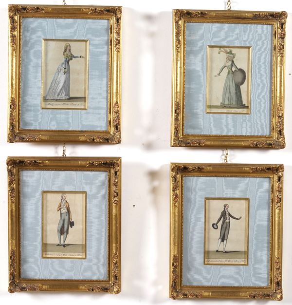 Quattro incisioni raffiguranti personaggi francesi. XVIII-XIX secolo