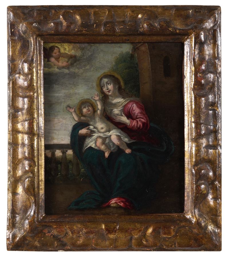 Scuola del XVII secolo Madonna col Bambino  - olio su tavola - Asta Fabio Fazio, arredi e ricordi di una casa di campagna - Cambi Casa d'Aste