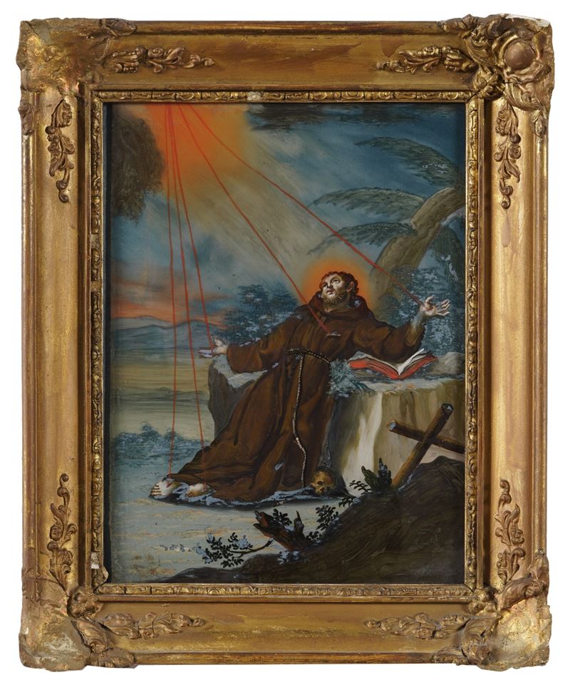 Scuola del XVIII secolo San Francesco riceve le stigmate  - olio su vetro - Asta Fabio Fazio, arredi e ricordi di una casa di campagna - Cambi Casa d'Aste