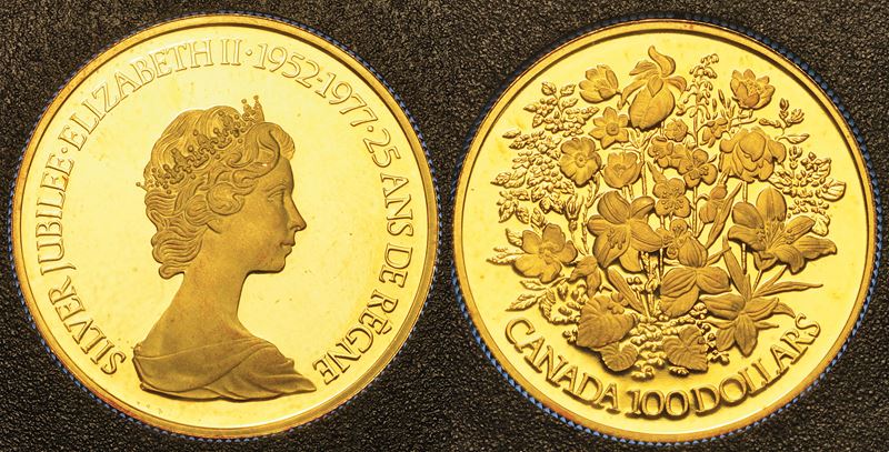 CANADA. REPUBLIC. 100 Dollars 1977. Per il 25° Anniversario di regno di Elisabetta II d'Inghilterra.  - Auction Numismatics - Cambi Casa d'Aste