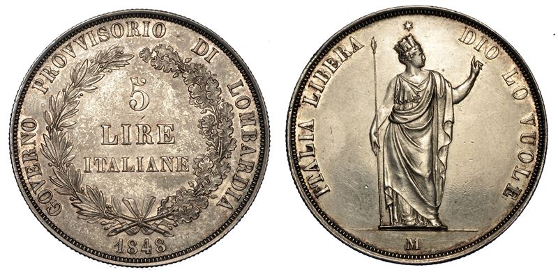 MILANO. GOVERNO PROVVISORIO DI LOMBARDIA, 1848. 5 Lire 1848.  - Auction Numismatics - Cambi Casa d'Aste