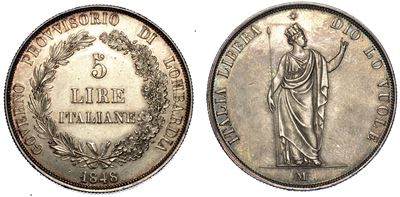 Milano. Governo Provvisorio di Lombardia, 1848. 5 Lire 1848.
