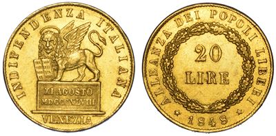 Venezia. Governo Provvisorio di Venezia, 1848-1849. 20 Lire 1848.