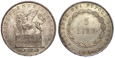 Venezia. Governo Provvisorio di Venezia, 1848-1849. 5 Lire 1848 (II Tipo).