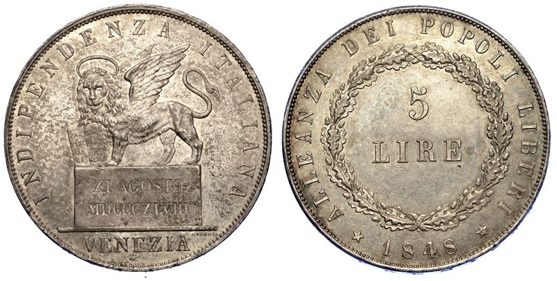 VENEZIA. GOVERNO PROVVISORIO DI VENEZIA, 1848-1849. 5 Lire 1848 (II tipo).  - Auction Numismatics - Cambi Casa d'Aste