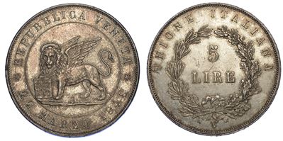 Venezia. Governo Provvisorio di Venezia, 1848-1849. 5 Lire 1848 (i Tipo).