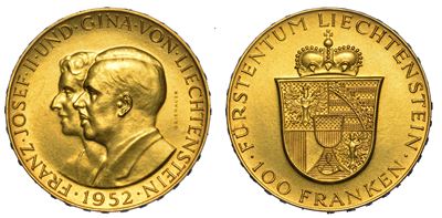 Liechtenstein - Principato. Franz Joseph II, 1938-1989. 100 Franken 1952. Berna.