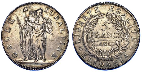 TORINO. REPUBBLICA SUBALPINA, 1800-1802. 5 Franchi AN. 10.