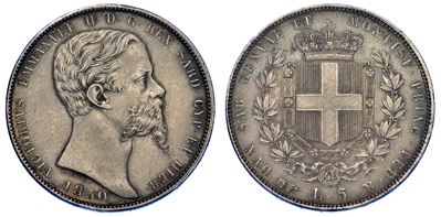 Regno di Sardegna. Vittorio Emanuele II di Savoia, 1849-1861. 5 Lire 1850. Torino.