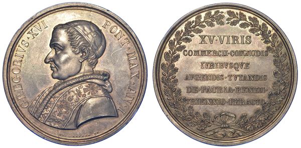 STATO PONTIFICIO. GREGORIO XVI, 1831-1846. Medaglia in argento A. I. Ai Benemeriti della Camera di Commercio.