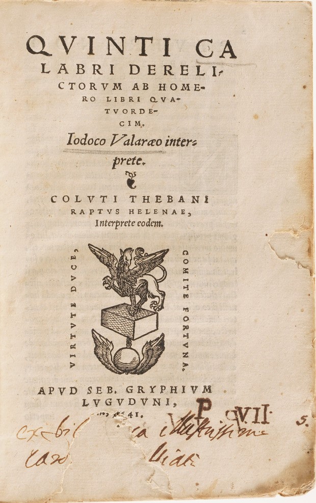 Iodoco Valaraio Quinti Calabri Derelictorum Ab Homero... Lione,1641