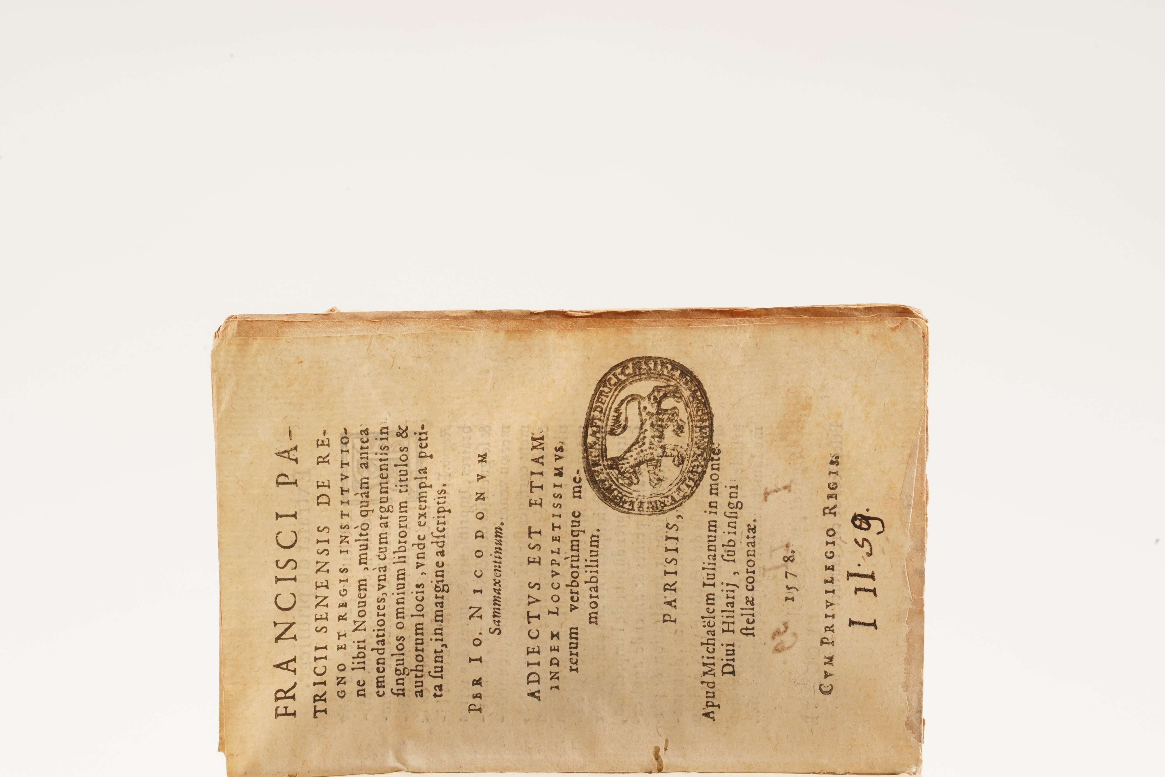Francesco Patrizi Francisci Patrici Senensis De Regno Et Regis Institutione, Libro IX... Parigi, ...