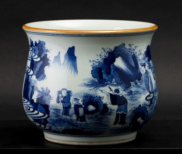 Vaso in porcellana bianca e blu raffigurante scena di vita comune, Cina, Dinastia Qing, XX secolo