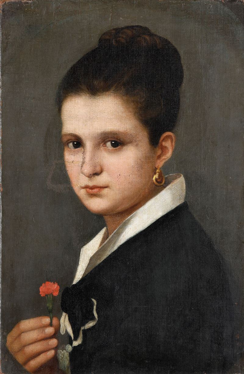 Anonimo del XIX Secolo Ritratto Femminile con Garofano