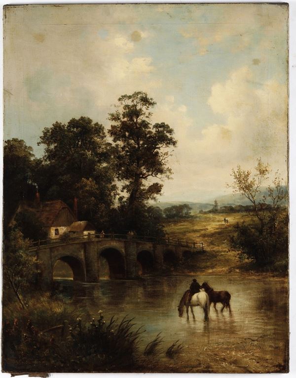Scuola del XIX secolo Paesaggio fluviale con ponte e contadini
