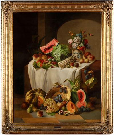 Scuola del XIX Secolo Natura Morta con Trionfo di Frutti, Ortaggi e Vaso di Fiori