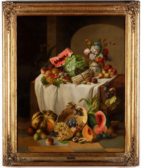 Scuola del XIX secolo Natura morta con trionfo di frutti, ortaggi e vaso di fiori