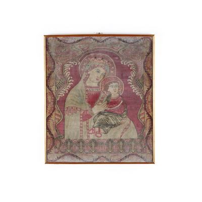 Tessuto Raffigurante Madonna con Bambino, in Cornice