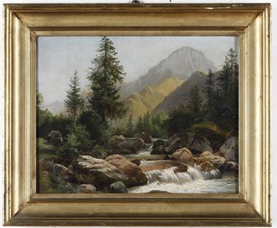Scuola Piemontese del XIX Secolo Paesaggio Montano con Torrente a Destra