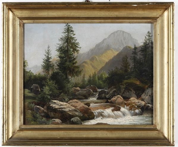 Scuola piemontese del XIX secolo Paesaggio montano con torrente a destra