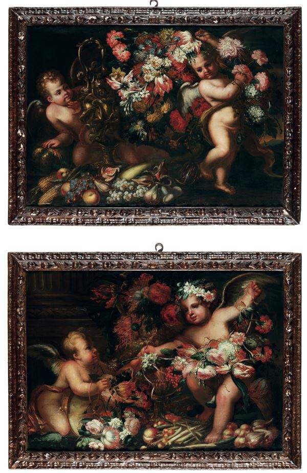 Artista fiammingo attivo a Roma alla fine del XVII secolo Composizioni di fiori e frutti con putti
