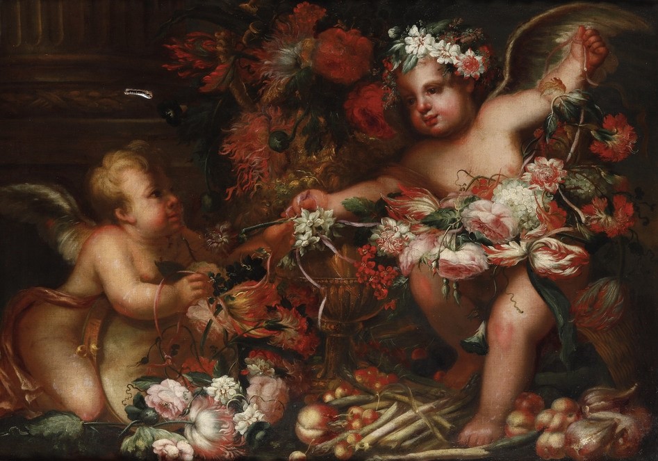 Nei Modi della Pittura della Fine del XVIII Secolo Composizioni di Fiori e Frutti con Putti
