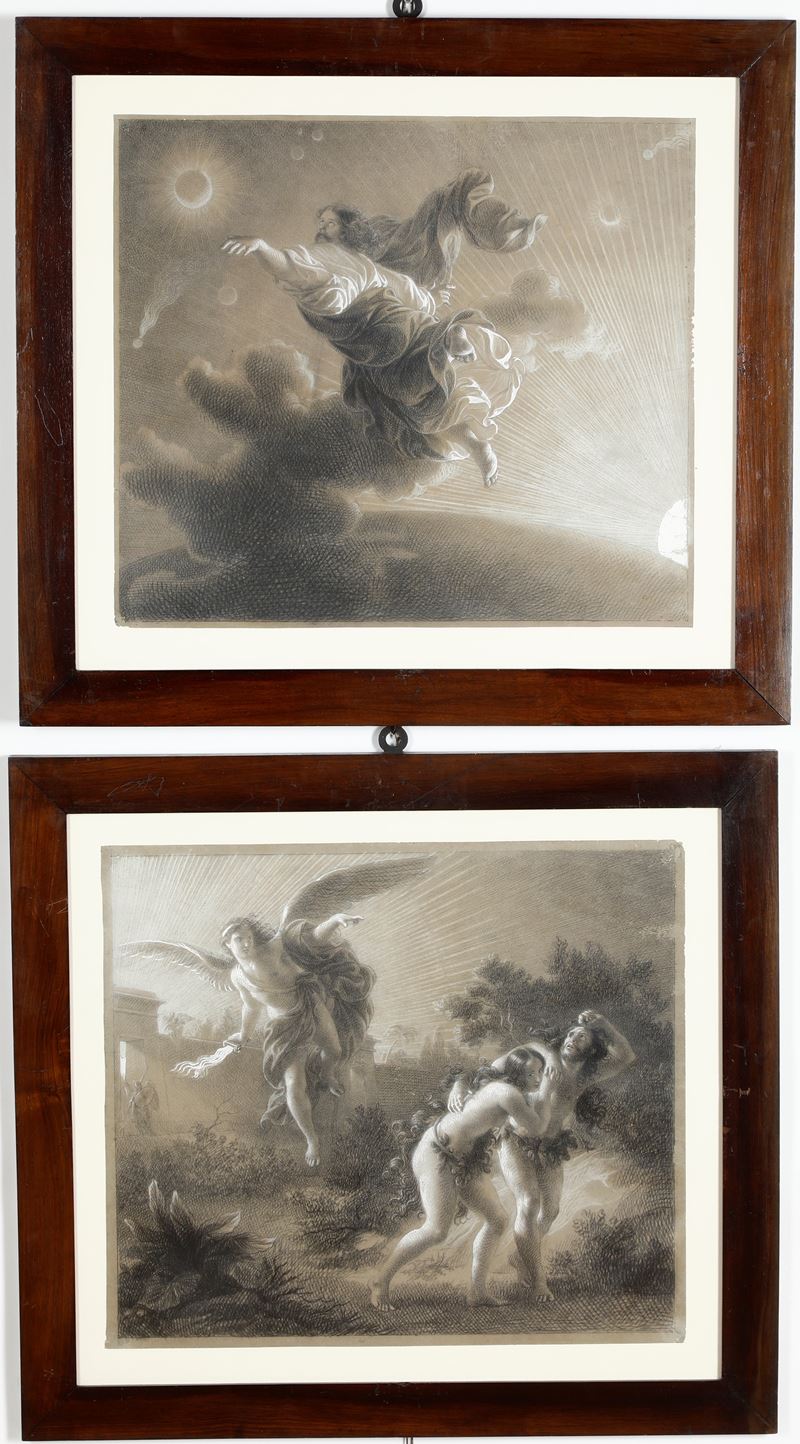 Scuola bergamasca del XIX secolo Cacciata dal Paradiso Creazione del Mondo  - matita nera e biacca su carta - Auction Old Masters - Cambi Casa d'Aste