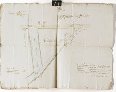 Mappa manoscritta e acquerellata di porzione di terreno agricolo, datata 1688 e mappa di possedim...
