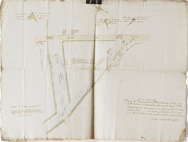 Due mappe tratte da cabrei diversi Mappa manoscritta e acquerellata di porzione di terreno agricolo datata 1688- altra mappa di possedimenti agricoli, compilata dal perito agrimensore e datata 24 maggio 1772