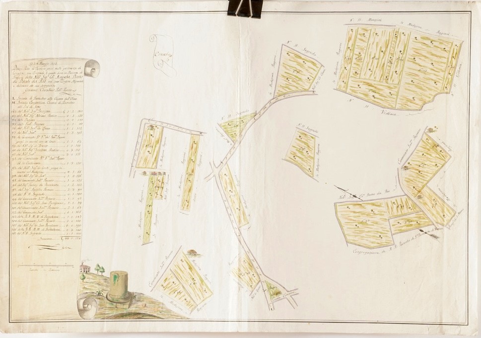Mappa manoscritta e acquerellata di porzione di terreno agricolo, datata 1688 e mappa di possedim...